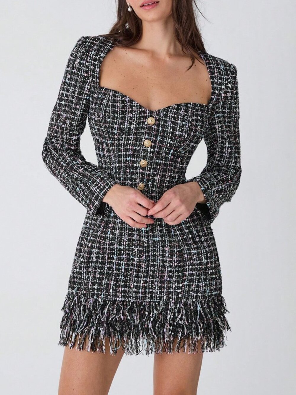 Black Elegant Women's Tassel Hem Long Sleeves Tweed Mini Dress
